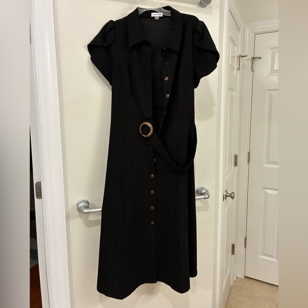 Calvin Klein Black Midi Dress with Buttons and Belt